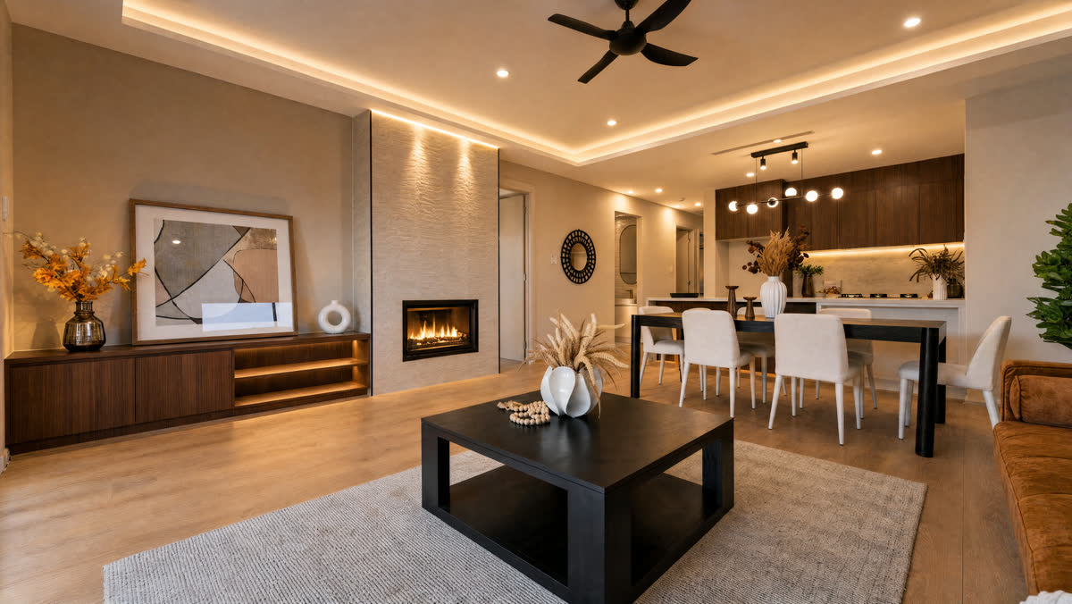 Open-plan living, dining and kitchen at dusk with a lit gas fireplace